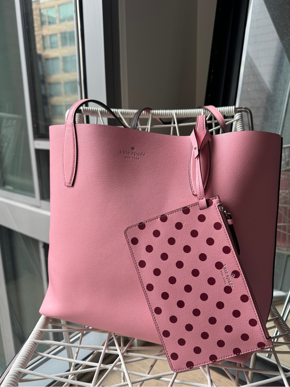 kate spade Pink Leather Tote reversible with Polka Dot Pouch
